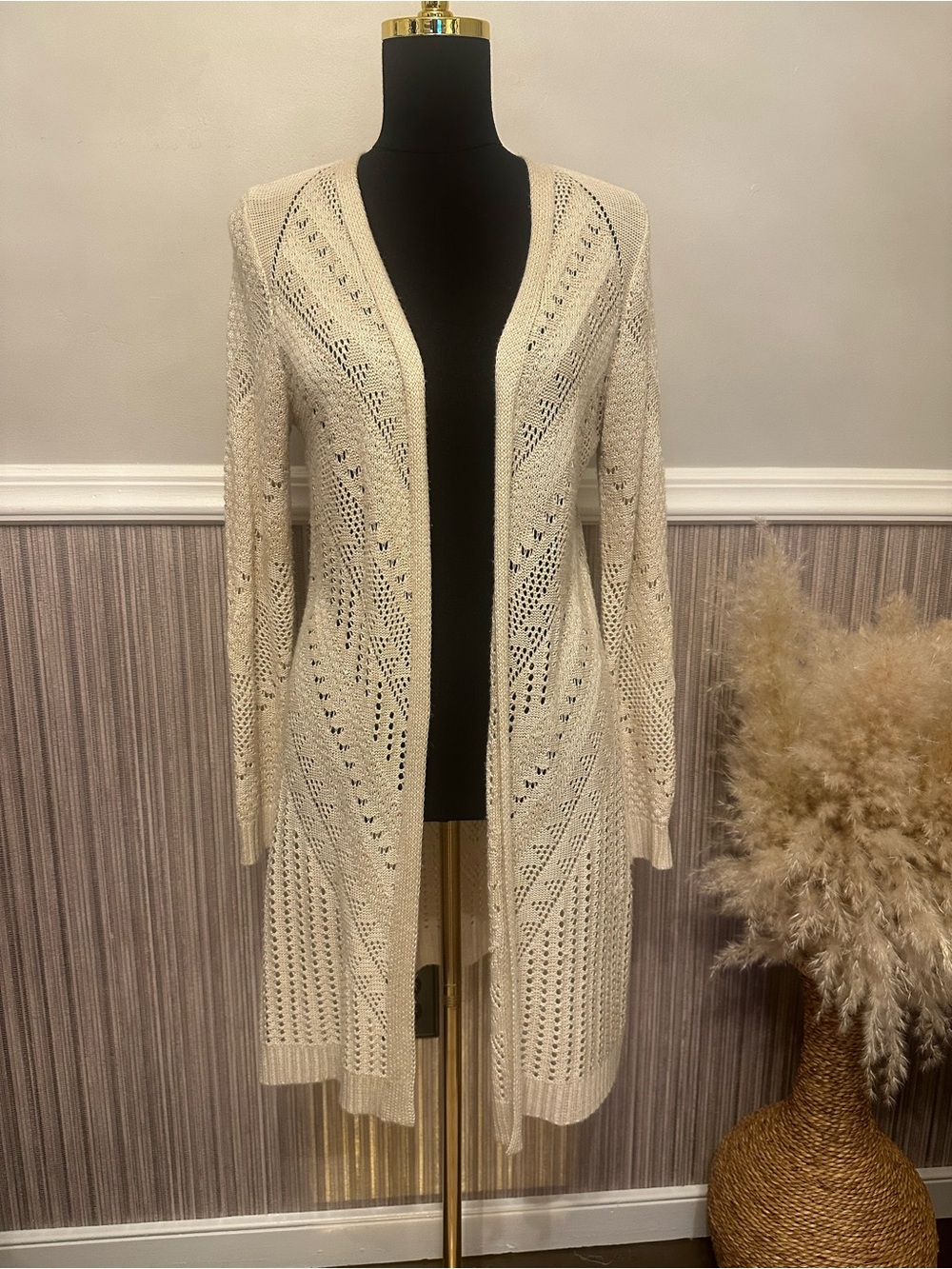 Love Ellie M Ivory Pointelle Open Knit Long Duster Cardigan Boho